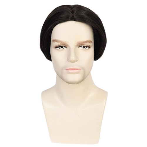 Miniatura 2 de HUNIGIR Peluca negra para hombre, con raya en medio, corta y recta, peluca negra resistente al calor, pelo sintético para uso diario (negro natural)