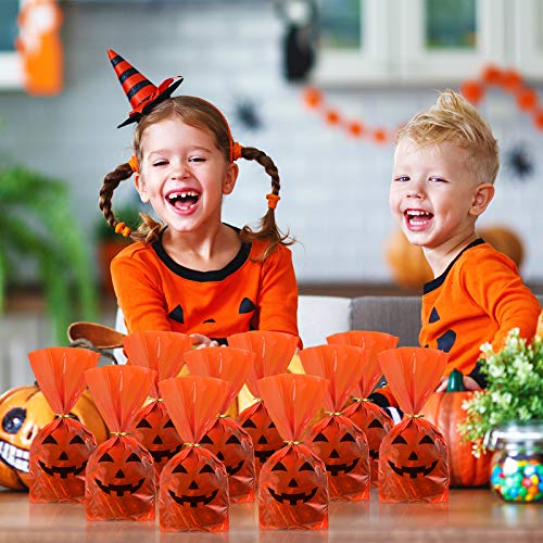 50 Pieces Halloween Favor Bags Pumpkin Smile Pattern Flat Cellophane Treat Bags Halloween Plastic Party Bags For Bakery, Popcorn, Cookies, Candies And Dessert With 100 Pieces Gold Twist Ties #TOP5