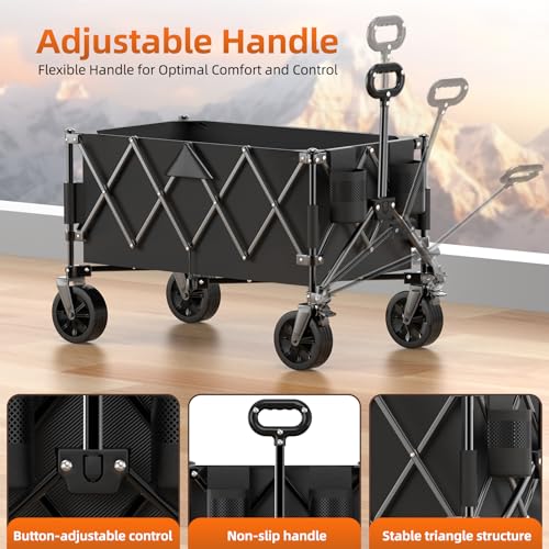 Ajvvf 440lbs Collapsible Wagon Cart with Wheels, Large Capacity Wagons Carts Foldable, Heavy Duty Folding Utility Wagon with Side Pockets, Grocery Wagon for Beach, Camping, Sports, Transport, Black - Thumbnail 7