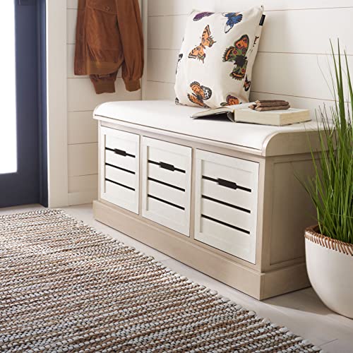 Safavieh Home Collection Briar Farmhouse Sand/Distressed White 3-Drawer Cushion Storage (Fully Assembled) Bench #TOP2