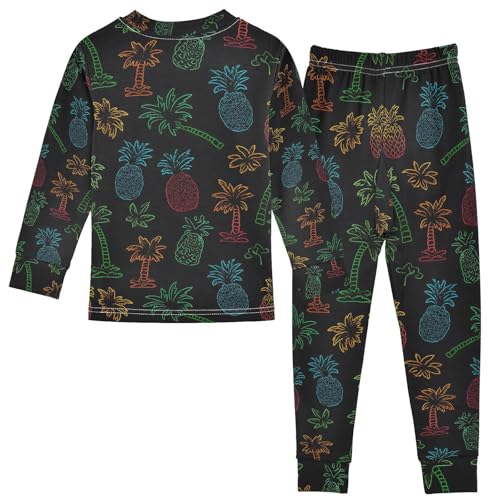 ALAZA Neon Palm Tree Pineapple Black Pajamas Long Sleeve Sleepwear 2-Piece Pajama Set2
