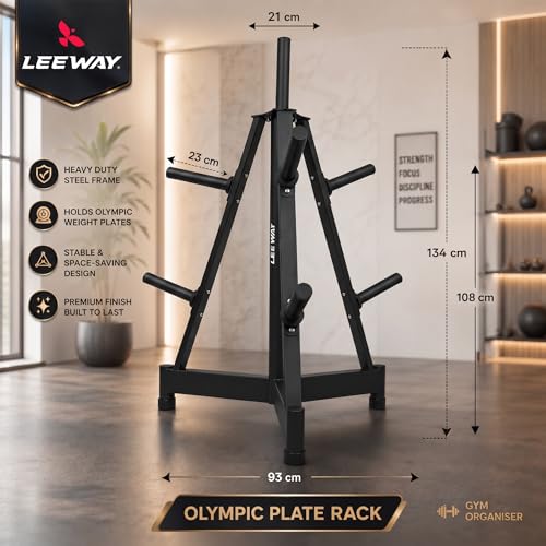 Image of Leeway Weight Rack for Home Gym Stand | Olympic 2-Inch Plate Tree Stand | 7-Peg Heavy Duty Steel Storage Organizer | 300 Kg Capacity Vertical Commercial Gym Rack (Triangular Weight Rack)