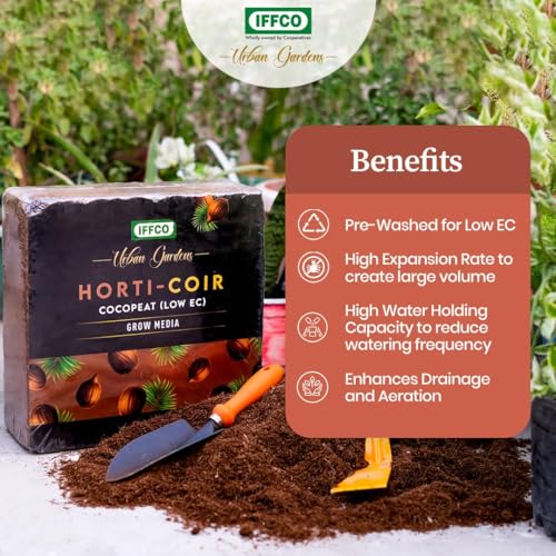 Image of IFFCO Urban Gardens - Cocopeat 2kg Expand Upto 75 litres - Low EC Cocopeat Block for Plants & Home Garden - Export Quality Natural Coconut Coir Fibre with Neutral pH.