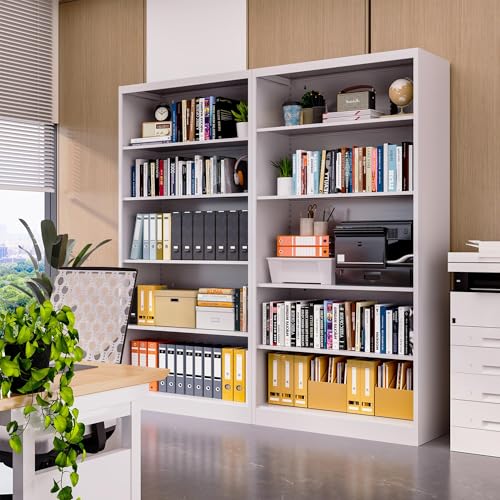 Image of White Metal Bookcase, 66 inch H Tall Adjustable Bookshelf | 5 Tier Heavy Duty Book Shelf, Modern Style, for Living Room, Home Office, Study Room, Library, Easy Assembly