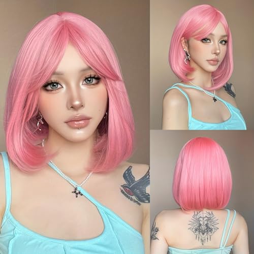 LUVEUNI Pink Bob Wig with Bangs Short Pink Wigs for Women 12 Inch Straight Colored Wigs Synthetic Fiber Hair Wigs for Halloween Cosplay Use