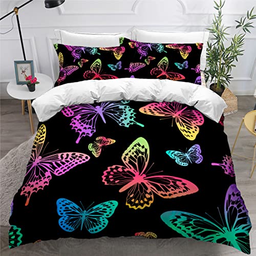 sonicpony Duvet Cover Set Twin Size Butterfly Comforter Cover Black Multi Color Cartoon for Girls Women 1 Duvet Cover 2 Pillow Shams No Comforter(BlackButterfly,Twin)