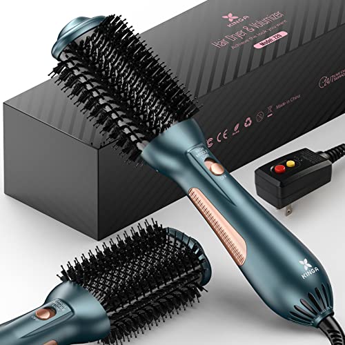 Kinga Hair Dryer Brush One-Step Blow Dryer Brush Anti-frizz Women Hair Dryer Volumizer Styler, Ceramic Coating Oval Shape Hot Air Blowout Brush Hair Dryer for Drying Curling Straightening, Green