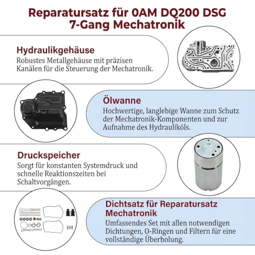 Reparatursatz DSG Mechatronik 7Gang 0AM DQ200 kompatibel mit VW Audi Seat Skoda P17BF P189C Mit Schrauben, Trockenkupplung und Dichtung