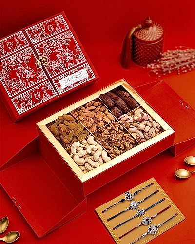 Image of Hyperfoods Rakhi Gift Hamper For Brother Rakhi Gift Set For Brother Gift For Brother Raksha Bandhan Red Stand Box Almond Cashew Pista Dry Fruits Combo Pack