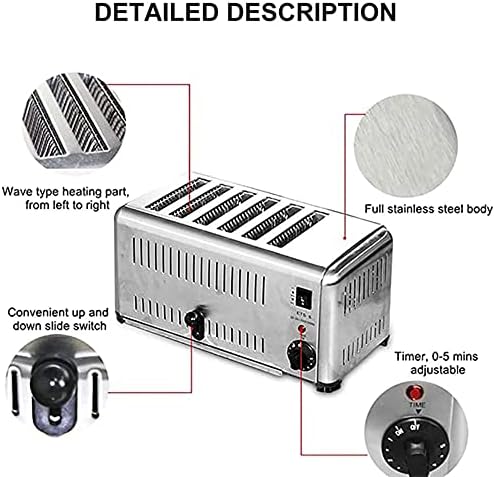 FYGHABN Toaster 6 Slices, Commercial Stainless Steel Toaster with Extra-Wide Bread Slots 5 Shade Settings Defrost/Reheat/Cancel Functions for Home Store Hotel Party Use