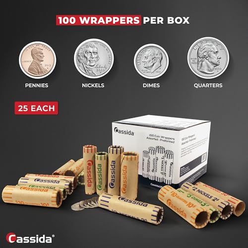 Image of Cassida Preformed Coin Roll Wrappers. 100 Assorted Pack (Penny, Nickel, Dime, Quarter) Durable Preformed Paper Tubes Crimped on One End - Federal Reserve and ABA Standards (A-CWAP)