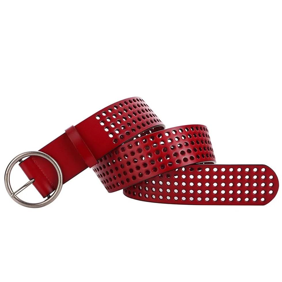 Pohullan Women Belt For Dress Hollow Out Leather Wide Waist Belt Round Buckle Solid Holes Belt3
