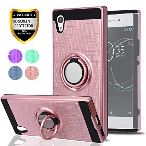 YmhxcY Sony Xperia XA1 Case with HD Phone Screen Protector, 360 Degree Rotating Ring & Bracket Dual Layer Shock Bumper Cover for Sony Xperia XA1 5