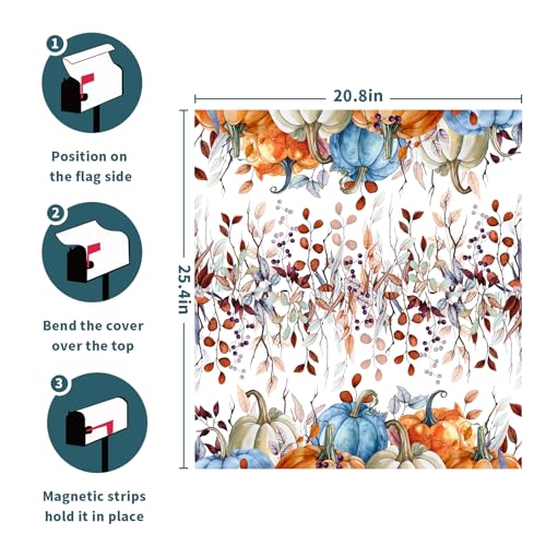 Image of Fall Mailbox Covers Magnetic Large Size 25.5x21 Inch Autumn Pumpkins Blue Watercolor Eucalyptus Leaves Mail Box Cover Thanksgiving Harvest Letter Covers Decor Post Box Wraps for Outdoor Garden Yard