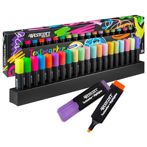 Westcott Marcadores de mesa, 20 unidades en colores neón y pastel | Rotuladores fluorescentes con sistema de organización | Grosor del trazo: 2-5 mm | Tinta premium de Alemania | E-744250 00