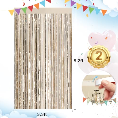 Image of Champange Party Streamers Fringe Curtain 2Pack 3.3 x 8.3 Ft Foil Fringe Backdrop Curtains for Birthday Wedding Bridal Baby Shower Holiday Tinsel Streamers Party Decorations Door Streamer