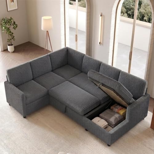 Merax Canapé d'angle en velours côtelé avec fonction de couchage et coffre de lit, XXL en forme de U, extensible, avec méridienne de rangement, paysage de vie confortable, grand canapé, canapé en