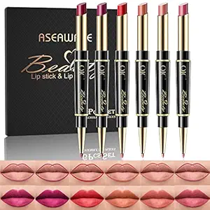 Lip Liner and Lipstick Makeup Set, 6Pcs 2 in 1 Double Head Lipstick Set Waterproof Long Lasting Matte Lipstick Gift Set for Daily/Travel/Party/Work