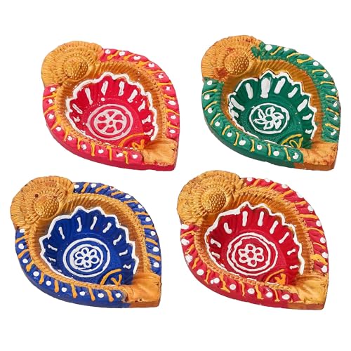 Image of eCraftIndia Set of 4 Multicolor Decorative Clay Diyas Terracotta Deepam Oil Lamps, Mitti Diya for Diwali, Lakshmi Puja, Navratri, Ganesh Chaturthi - Diwali Decoration Items for Home Decor