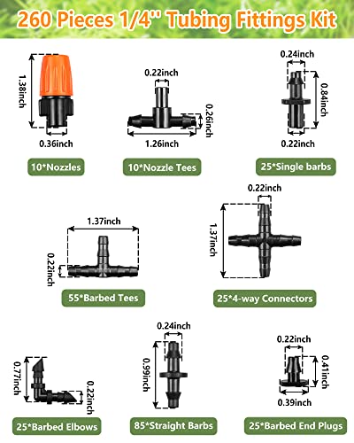 Drip-Irrigation-Fittings-Kit-for-14-Tubing-260-Pcs-Drip-Line-Connectors-for-Drip-Systems-10-Nozzles10-Nozzle-Tees25-Single-barbs25-4-way-Connectors25-End-Plugs25-Elbows55-Tees85-Couplings