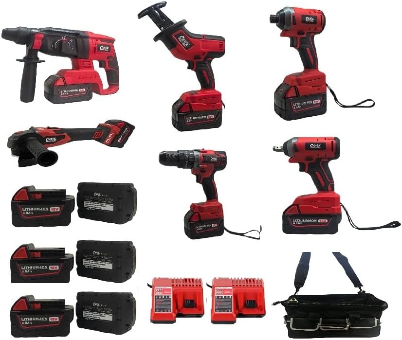 6-Tool 12 Piece Cordless Power Tool Combo Kit, Impact Drill, Impact Screwdriver, Impact Wrench, Angle Grinder, 26mm Rotary Hammer, Saber Saw, 3 Batteries, Charger, 18-Inch Bag