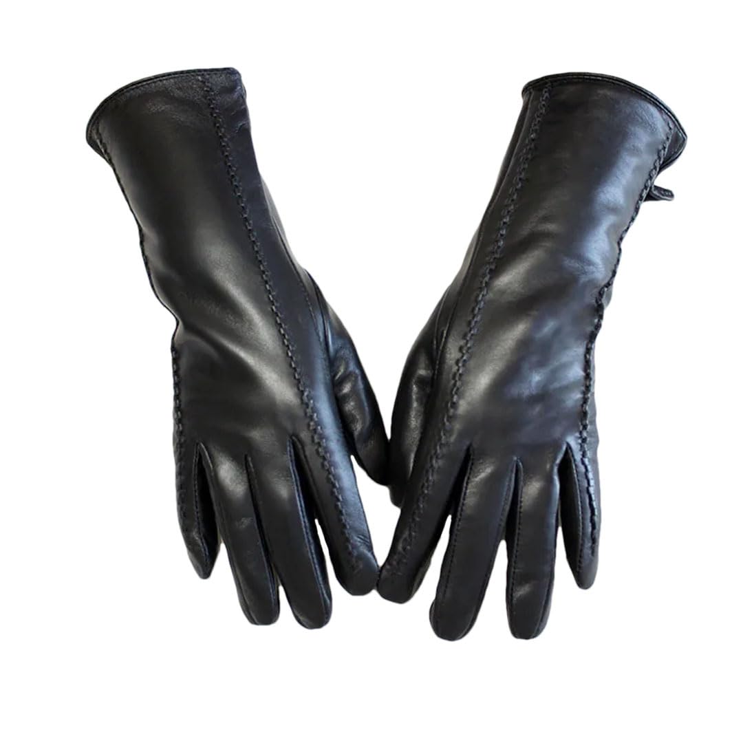 Guantes de piel de oveja para mujer, de longitud media, a rayas, de forro polar, color negro, talla 8, Negro, 36