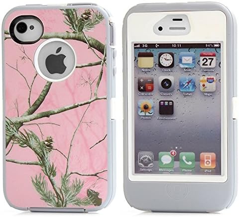 Kecko(TM) Heavy Duty Defender Tough Armor Shockproof Dirtproof Hunting Tree Camo High Impact Hybrid Combo Hard Case Cover Protective Skin W/ Built In Screen Protector for iphone 4/4s--Camo Trees on the Core (Pin Tree Gray)