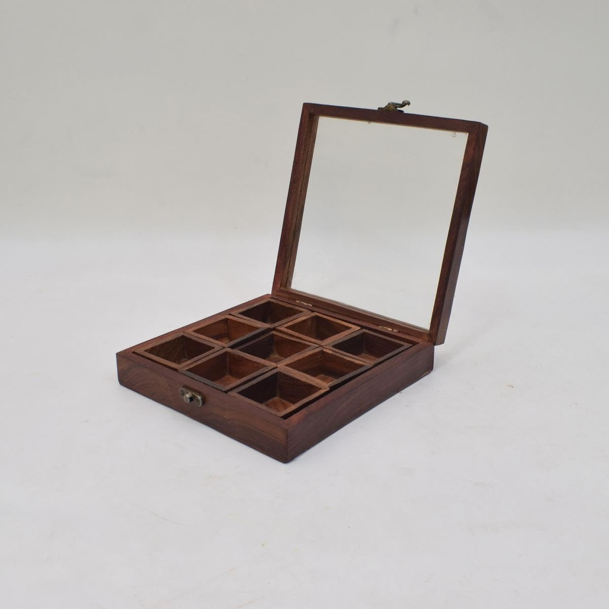Tarang Arts Square Wooden Masala Box With Glass, Table Top Masala Box/Dabba with 9 Containers, Spice Box for Kitchen, Multipurpose Kitchen Accessories Item (2 * 8 Inch)