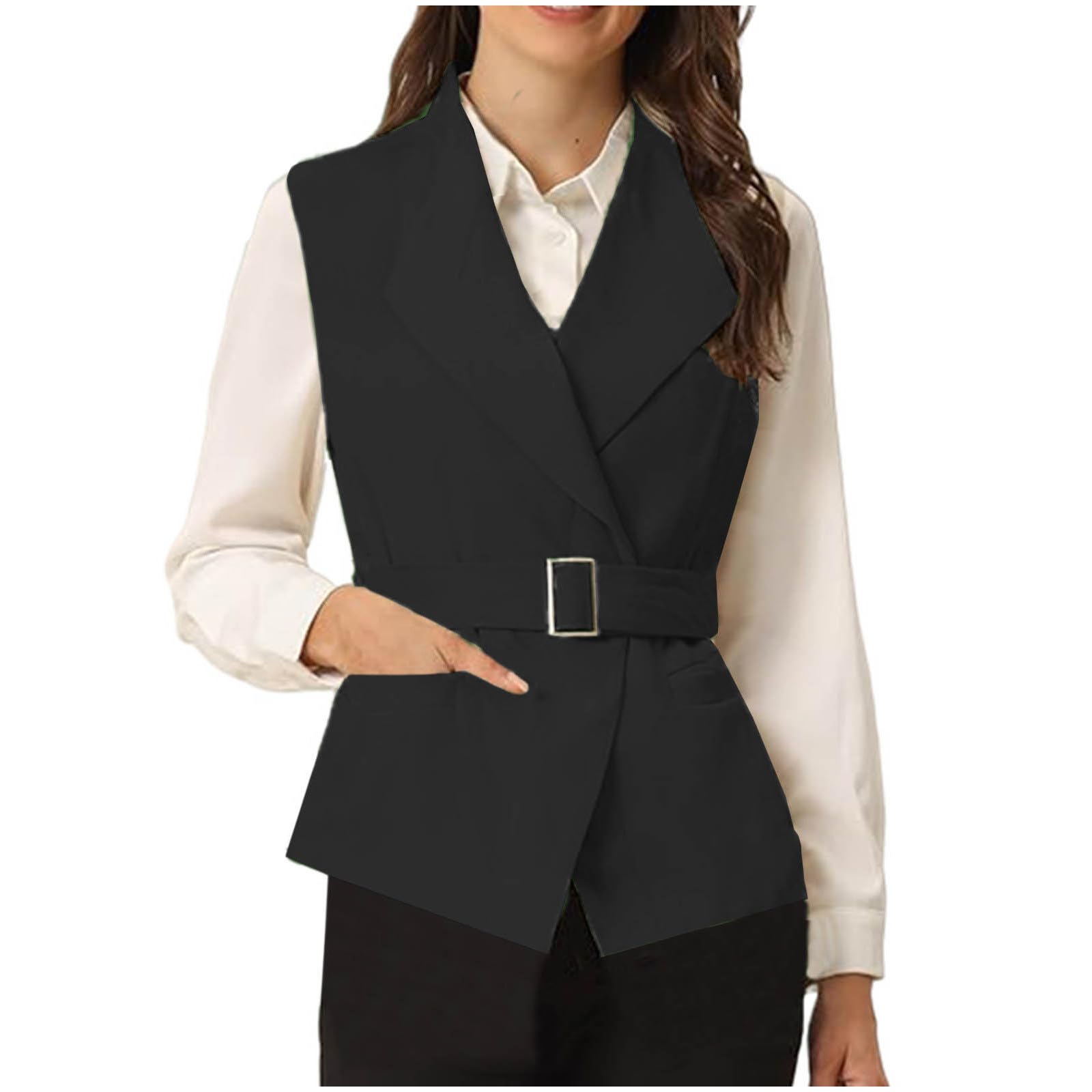 Sinzelimin Womens Suit Waistcoat Jacket with Belt Fashion Shawl Collar Sleeveless Slim Fit Vest Blazer Cardigan Coat Tops