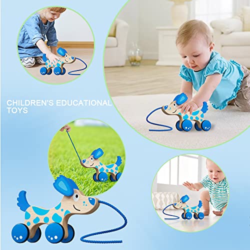 Image of Wooden Pull Dog Toy Wooden Walk Pull Along Toy with String Toy Montessori Toddler Pull Toys for Walking Toddlers