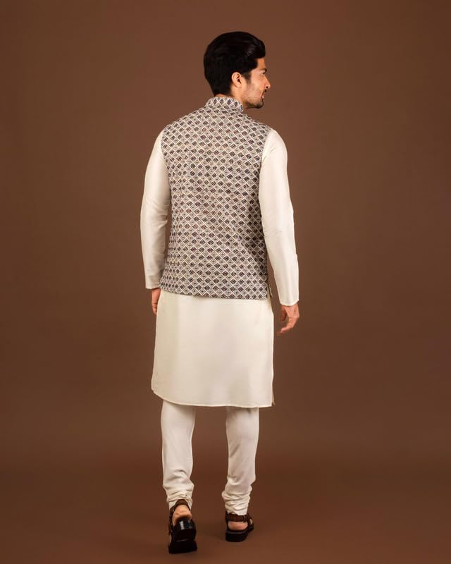 Image of KISAH Men Printed Kurta Jacket Set, Full Sleaves, Knee Length, Straight, Regular Fit, Mandarin Collar Ethnic Wear