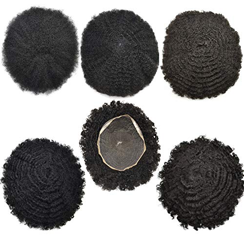 Afro Toupee for Black Men Real Human Hair Soft French Lace Hair Replacement System African American Hairpiece 8×10 Men Wave Hair Unit for Black Men (8*10, 1# Jet Black-12mm)