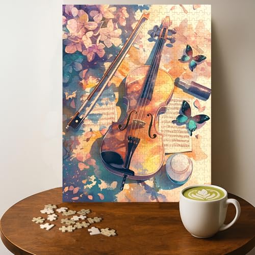 Violin and Butterflies Watercolor Jigsaw Puzzle - 500 Pieces Wooden Puzzle for Adults, Wall Art Gift, Finished Size: 20 x 15 Inch