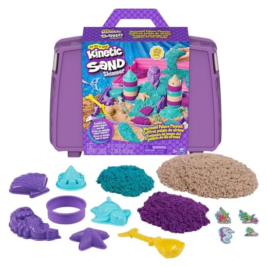 Kinetic Sand, Mermaid Palace Playset, Over 2lbs of Shimmer Play Sand (Neon Purple, Shimmer Teal, and Beach Sand), Reusable Folding Sandbox and Tools, Sensory Toys for Kids Ages 3 and up