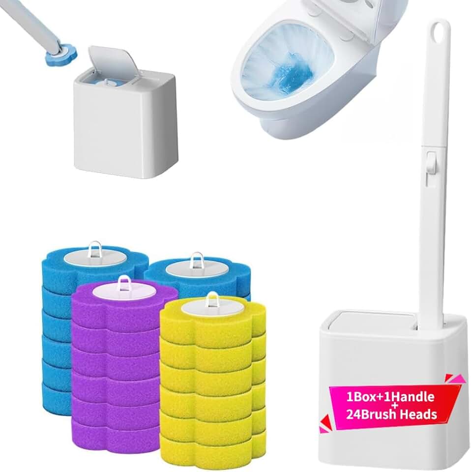 Disposable Toilet Brush with 24 PCS Replaceable Heads, Deep Cleaning Hygienic Bathroom Toilet Bowl Cleaning System with Holder