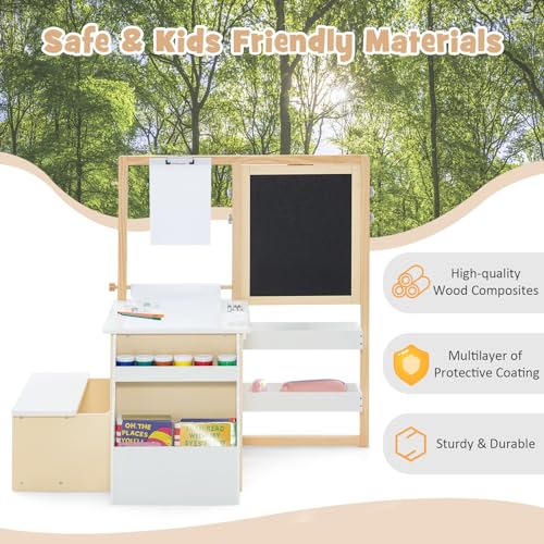 INFANS 3 in 1 Kids Art Table and Chair Set, Toddler Craft and Play Wood Activity Desk with Double-Sided Easel Blackboard Whiteboard, Paper Roll for Writing, Children Furniture for Daycare Nursery - image 8