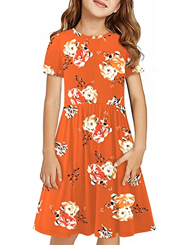 KYMIDY Girls Short Sleeve Floral Dress Kids Boho Casual Twirly Skater Dress with Pockets for Girls 6-13 Years
