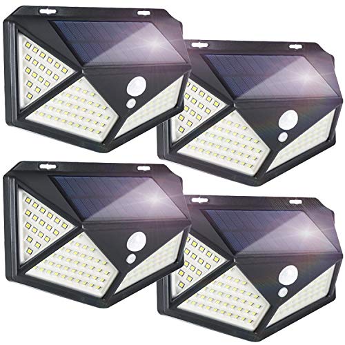 Solar Light Outdoor 100 Led, Solar Motion Sensor Light Wireless Ip65 Waterproof, 3 Working Modes with 270° Lighting Angle, Used in Gardens Courtyards Front Doors Garages Pools Porches (4 Packs)