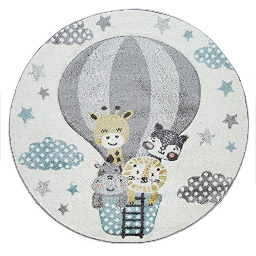 Children's Room Rug Cute Hot Air Balloon Clouds Cheerful Animals Pastel In Cream, Size: 5'3" X 7'7" #TOP1