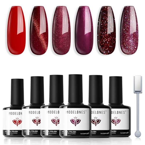 Image of modelones Gel Nail Polish Set, 6 PCS Christmas Red Burgundy Purple Glitter Gel Polish Colors Cat Eye Chameleon Shimmer Soak OFF LED Nail Art Gel Nail Kit Manicure Salon DIY Nails Gift