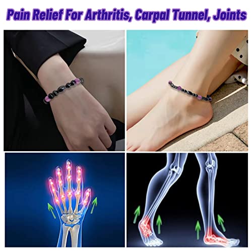 Image of Hion 2 Pack Magnetic Therapy Anklet Bracelet Plus 1 Pack Magnetic Bracelet for Women /Men Weight LossBoost Metabolism, Keep Slimming Hematite Purple Amethsyt Gemstone Anklet Bracelet Set