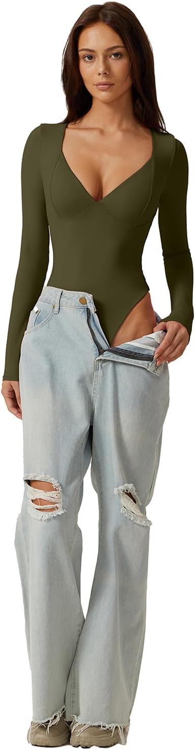 QINSEN Women's Long Sleeve Bodysuit V Neck Body Suits Seamed Cup Going Out Tops Shirt - Image 5