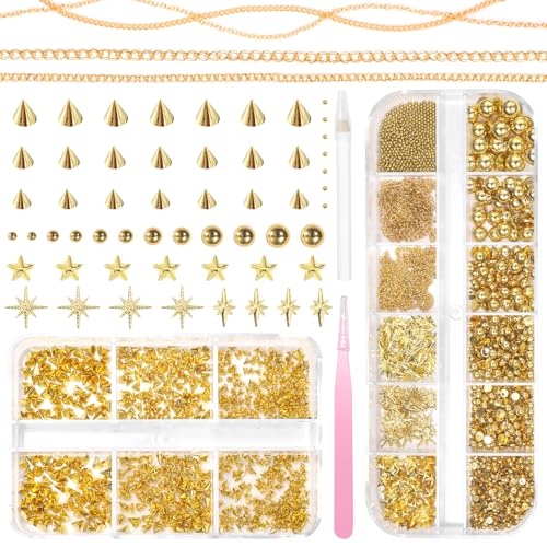 Gold Nail Charms and Flatback Pearls Beads Mix Geometry Gold Chain Gothic Spike Nail Studs Star Rivet Jewelry Accessories Half Pearl for Nails DIY Crafts