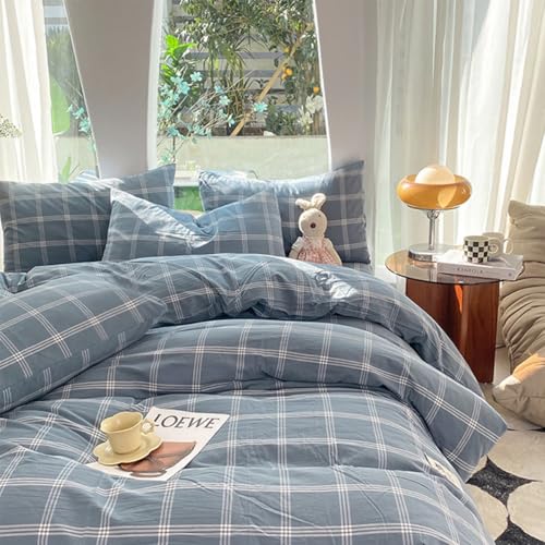 Nesture Bettwäsche 135x200 Baumwolle Kariert Blau - Bettwäsche-Sets...