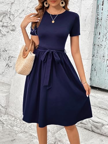 Image of Women's Elegant Vintage Round Neck Short Sleeve Summer Casual Work Party A-Line Dress with Belt 809