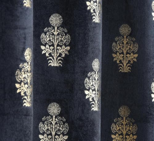 Image of Premium Velvet Window Curtains 5 Feet, Golden Foil Matka Design Room Darkening Curtains for Window, Thermal Insulated Parda - 4 feet x 5 feet (48 x 60 Inch) - 1 Pcs Navy Colour