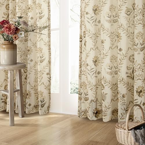 Image of Floral Linen Curtains 80 Inch Length 2 Panels Set Semi Sheer Curtain Brown