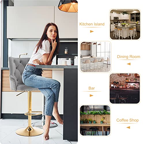 Bar Stool Set Of 2 Gray Velvet Adjustable With Tufted Backrest, Counter Height Swivel Chairs Upholstered Modern Barstool Golden Base For Kitchen Island, Home Bar, Dining Room,Pub,Club #TOP4