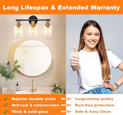 Image of DLLT 3-Light Bathroom Light Fixtures: Black and Gold Modern Vanity Lights with 3 E26 Bulbs - Clear Glass Shade Bathroom Wall Lamp for Mirror Kitchen Living Room Hallway Cabinet Porch