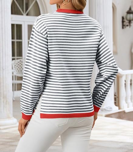 Image of Womens 2024 Striped Long Sleeve Sweaters Fall Crewneck Color Block Shirts Knited Pullover Tops Side Split Dark Blue White